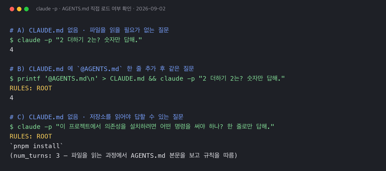 claude -p로 세 가지 조건에서 실행한 결과. CLAUDE.md가 없으면 표식 없이 4만 답하고, CLAUDE.md에 @AGENTS.md를 넣으면 RULES: ROOT가 붙으며, CLAUDE.md 없이 저장소를 읽어야 하는 질문에는 파일을 읽은 뒤 규칙을 따름