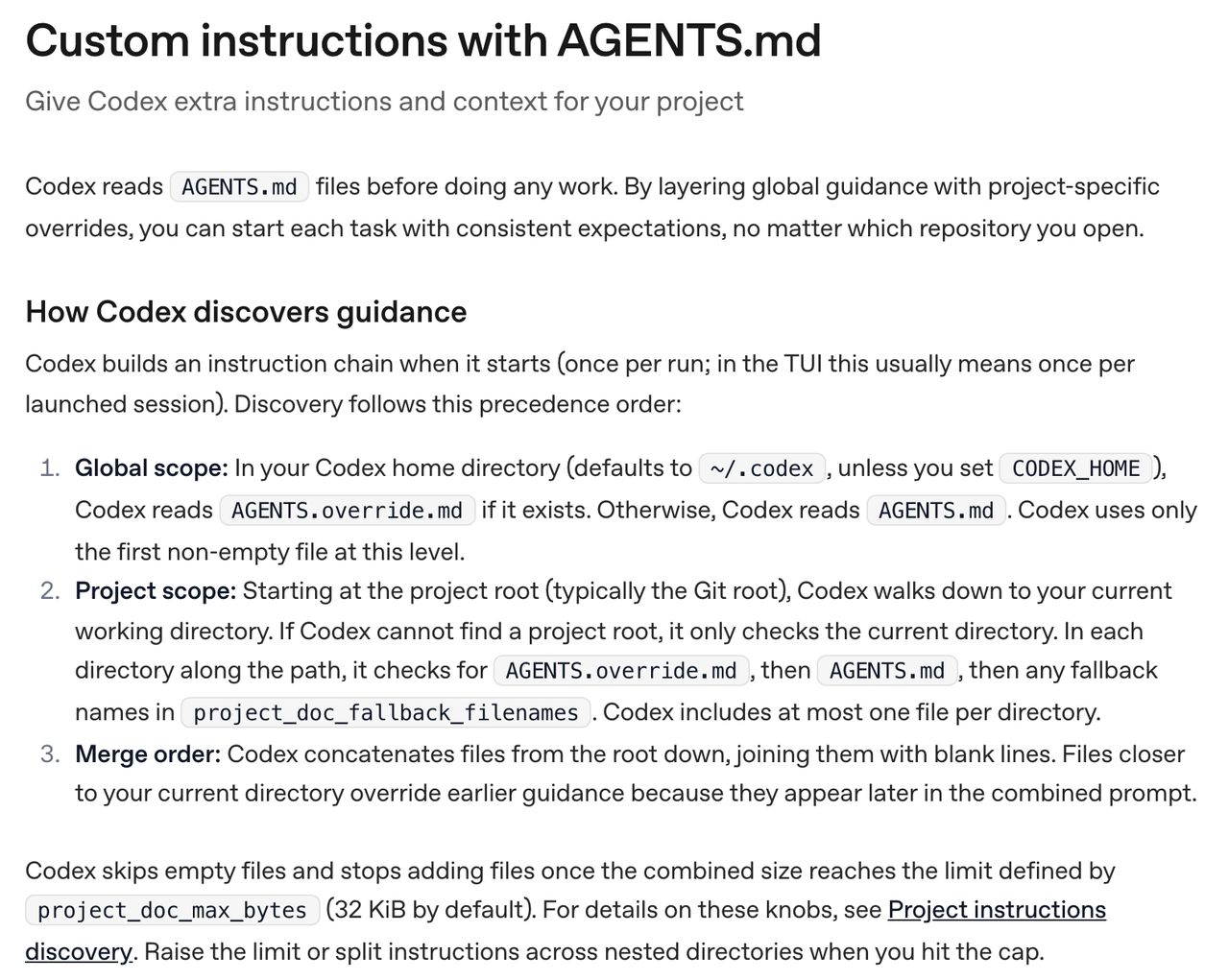 OpenAI Codex 문서의 Custom instructions with AGENTS.md 페이지. Global scope, Project scope, Merge order 세 단계와 project_doc_max_bytes 32KiB 설명