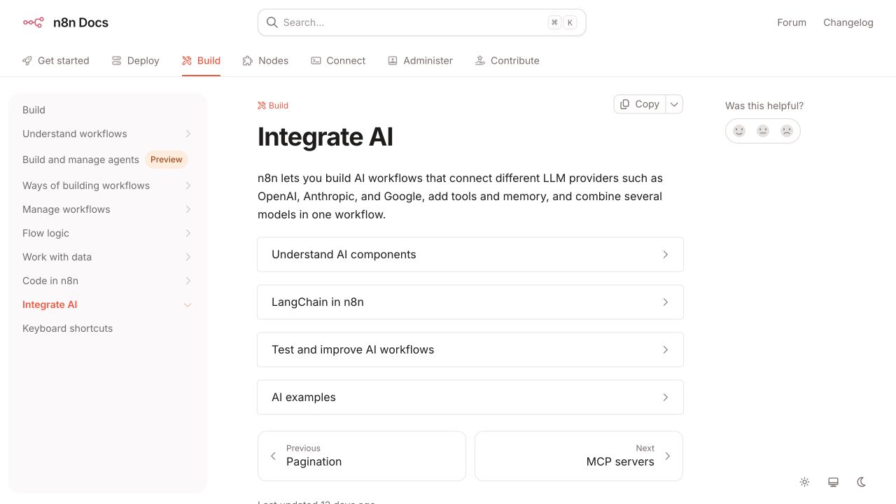 n8n 공식 문서의 Integrate AI 화면
