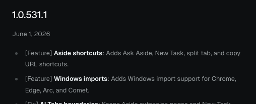 Aside 공식 변경 로그 1.0.531.1(2026년 6월 1일)의 Windows imports 항목, Chrome·Edge·Arc·Comet에서 Windows 가져오기 지원 추가