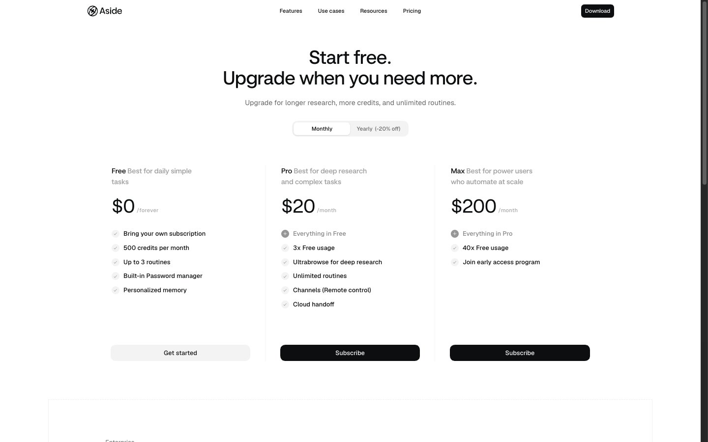 aside.com/pricing의 Free·Pro·Max·Enterprise 요금 카드