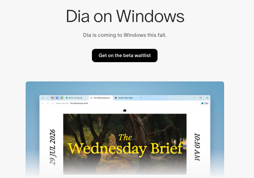 diabrowser.com/windows 페이지, Dia is coming to Windows this fall 문구와 Get on the beta waitlist 버튼