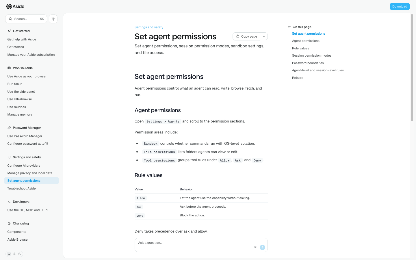 Aside 공식 권한 문서에서 Sandbox, File permissions, Tool permissions와 Allow Ask Deny 규칙을 설명하는 화면