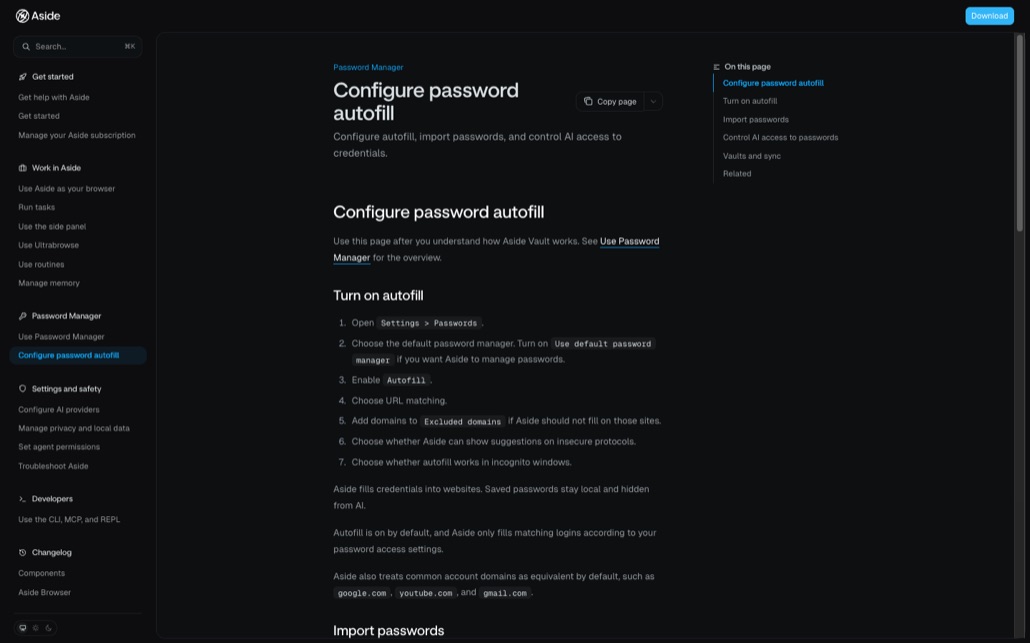 Aside 공식 도움말의 Configure password autofill 페이지. 기본 비밀번호 관리자 선택, 자동완성 활성화, URL 일치 방식 선택, 제외 도메인 추가, 안전하지 않은 프로토콜에서의 제안 여부, 시크릿 창에서의 자동완성 여부를 정하는 단계가 순서대로 나열돼 있다