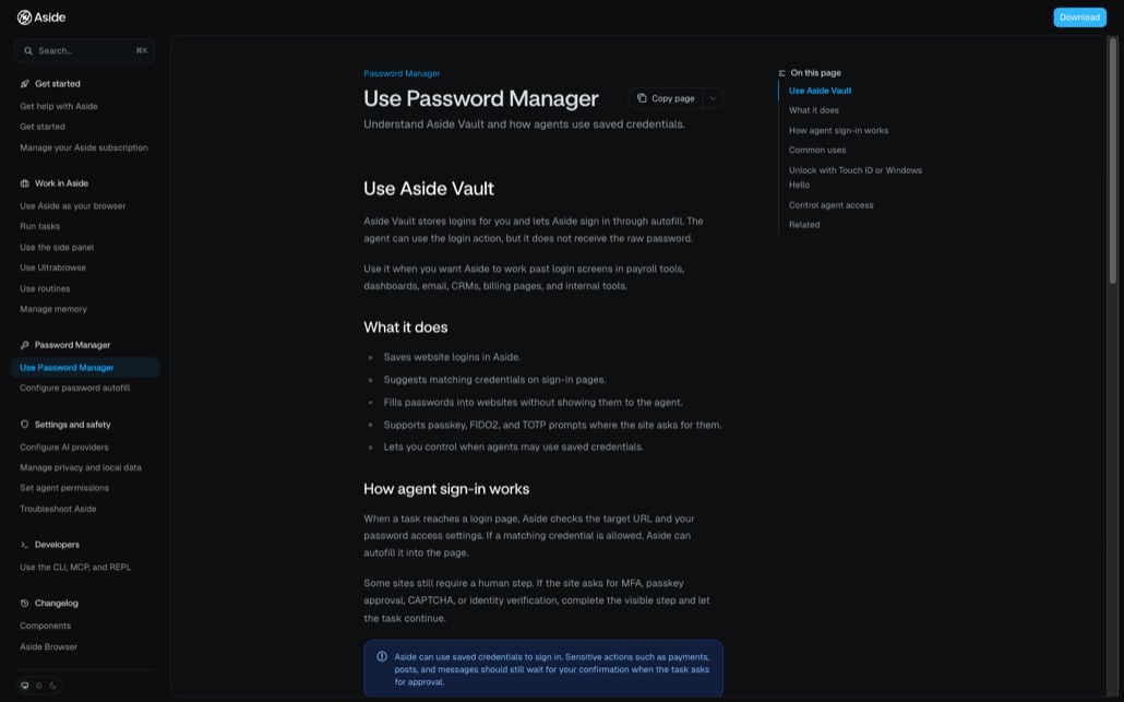 Aside 공식 도움말의 Use Password Manager 페이지. Aside Vault가 로그인을 저장하고 자동완성으로 로그인하게 해 주며 에이전트는 로그인 동작을 쓸 수 있지만 원문 비밀번호를 받지 않는다는 설명과, 사이트 로그인 저장·일치하는 자격증명 제안·에이전트에게 보여주지 않고 채워 넣기·패스키 FIDO2 TOTP 지원·에이전트 사용 시점 통제라는 다섯 가지 항목이 보인다