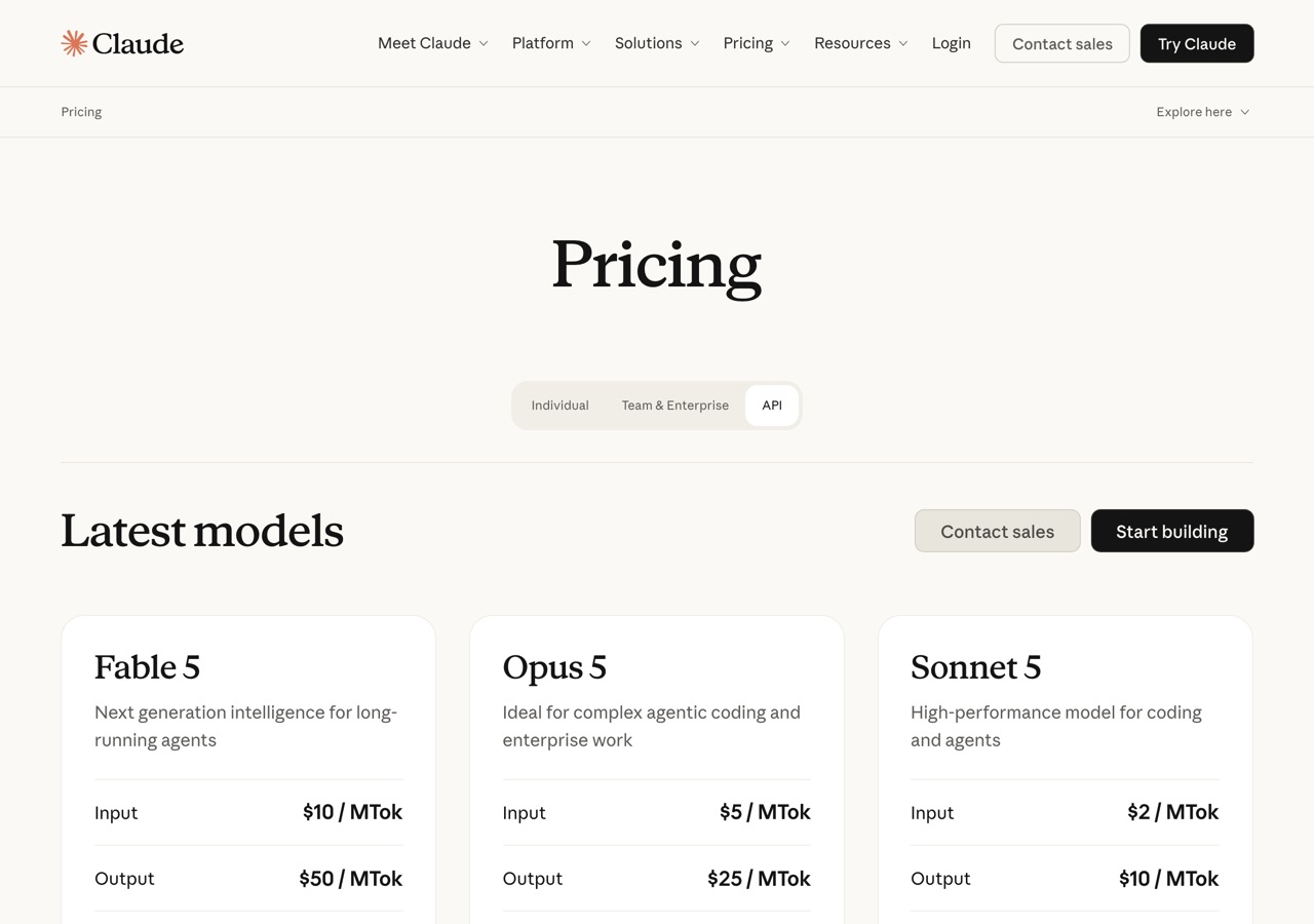 claude.com/pricing API 탭의 Latest models 카드 — Fable 5·Opus 5·Sonnet 5 입출력 단가