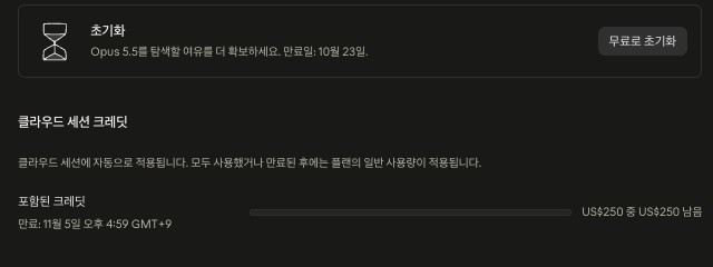 claude.ai 설정의 사용량 화면. 위쪽에 Opus 5.5 초기화 카드가 있고, 아래 클라우드 세션 크레딧 항목에 클라우드 세션에 자동으로 적용되며 모두 사용했거나 만료된 후에는 플랜의 일반 사용량이 적용된다는 설명, 포함된 크레딧 만료 11월 5일 오후 4시 59분 GMT+9, US$250 중 US$250 남음이 표시돼 있다