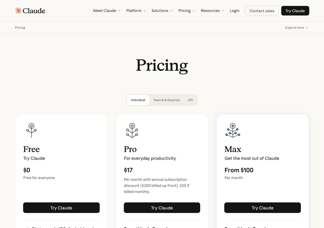 claude.com/pricing 개인용 탭의 Free·Pro·Max 요금 카드