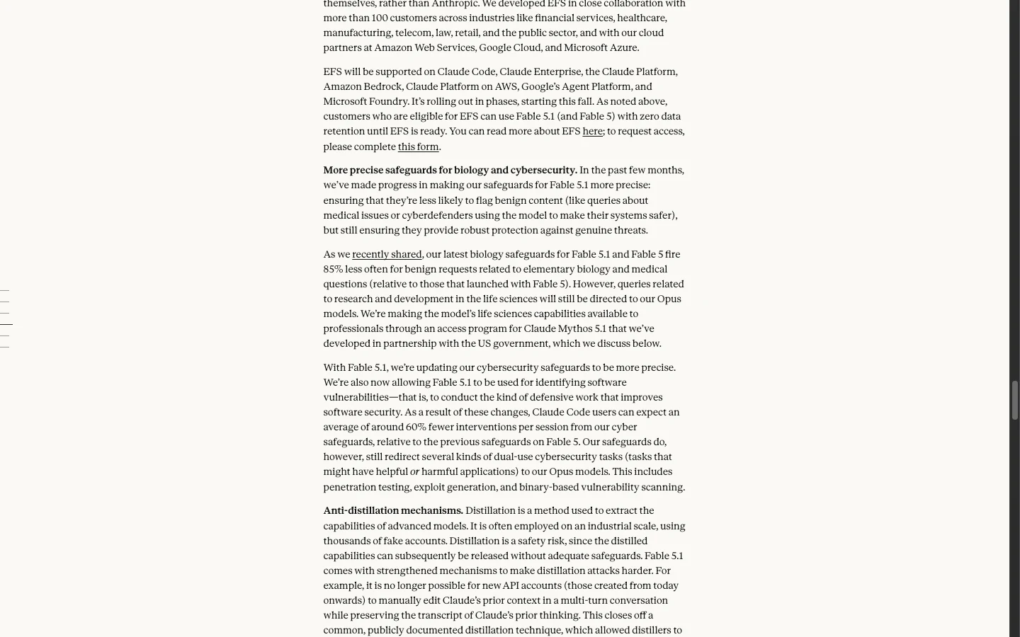 Anthropic Claude Fable 5.1 발표문의 비용과 제공 안내 절. 모든 플랫폼에서 오늘 제공, claude-fable-5-1 모델 ID, 캐시 읽기 75% 인하 0.25달러, 일반 워크로드 25%와 에이전트 워크로드 최대 45% 절감 설명