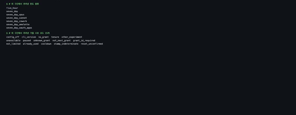 Claude Code 2.1.271 실행 파일에서 추출한 구간. A session-limit reset isn't available right now 문자열 뒤로 five_hour, seven_day, seven_day_opus, seven_day_sonnet, seven_day_cowork, seven_day_omelette, seven_day_oauth_apps 한도 종류와 config_off, cli_version, no_grant, tenure, other_experiment, unavailable, paused, unknown_grant, not_next_grant, grant_id_required, not_limited, already_used, cooldown, stamp_indeterminate, reset_unconfirmed 사유 코드가 나열돼 있다