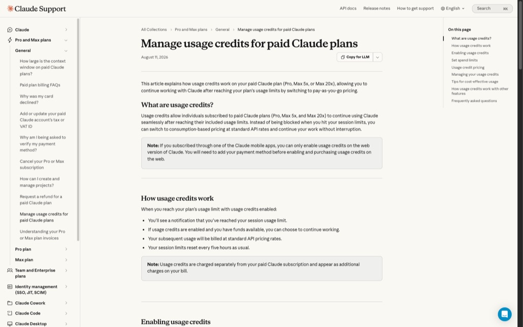 Anthropic 고객센터의 Manage usage credits for paid Claude plans 문서. 사용 크레딧은 Pro·Max 5x·Max 20x 구독자가 한도 도달 후 종량제로 전환해 계속 쓰게 해 주며, 한도에 도달하면 알림이 뜨고 이후 사용분은 표준 API 요금으로 청구되고 세션 한도는 5시간마다 평소대로 초기화된다는 설명이 보인다