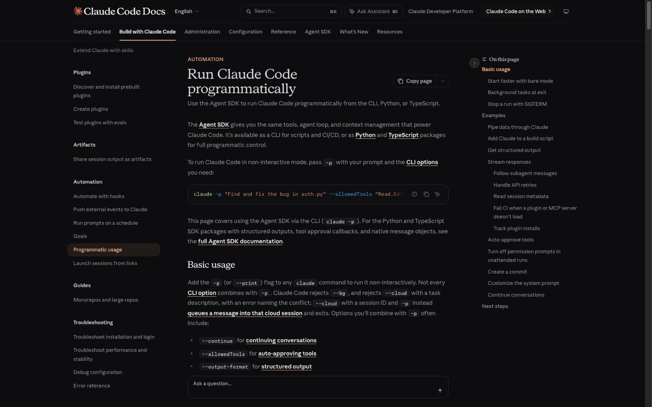 Claude Code 공식 문서의 Run Claude Code programmatically 페이지. -p 플래그와 --allowedTools를 사용한 예시 명령이 코드 블록으로 표시돼 있다