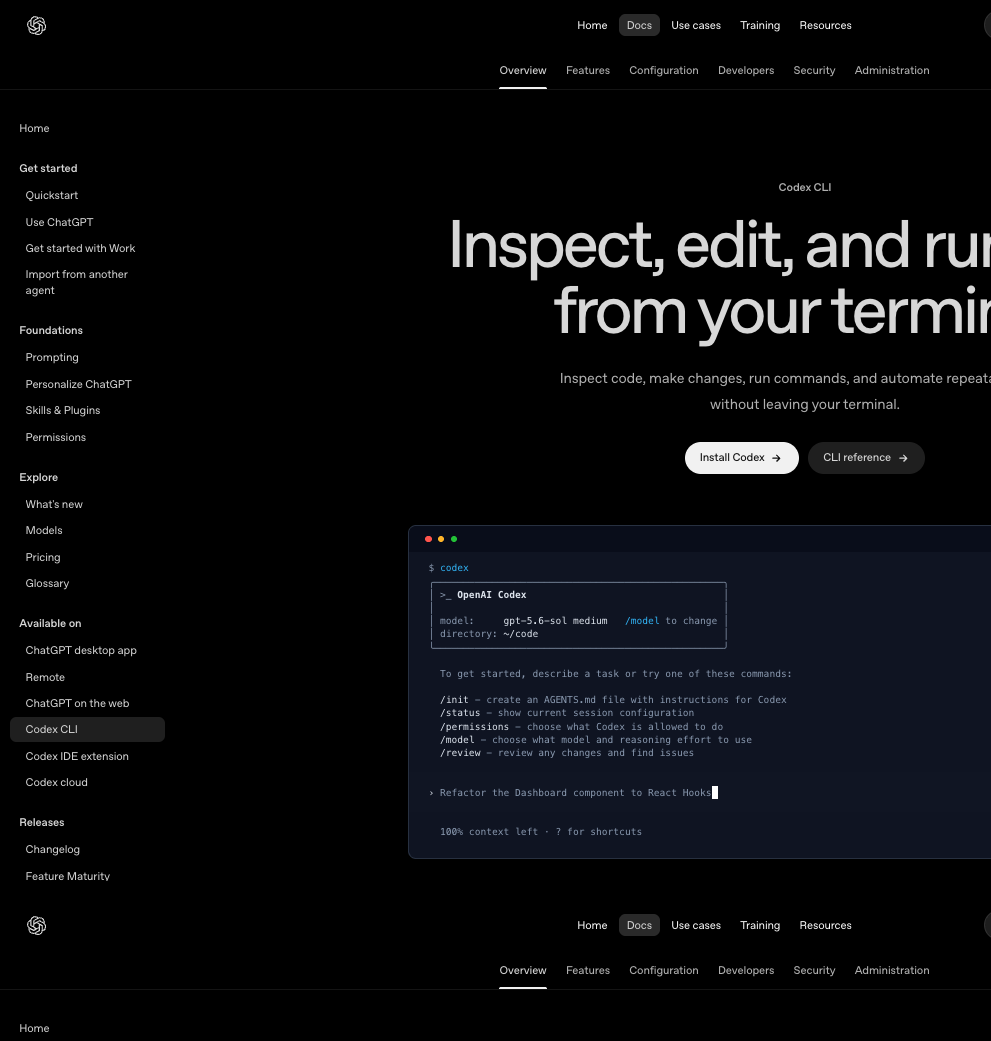 OpenAI 공식 Codex CLI 문서의 소개 화면, 터미널에서 실행되는 codex 스플래시와 모델·디렉터리 표시