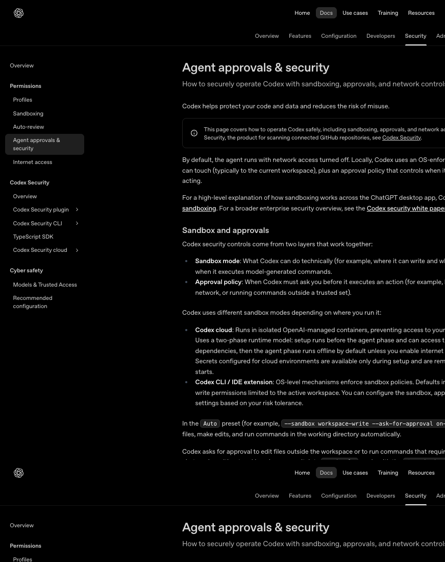 OpenAI 공식 문서의 Codex 샌드박스 모드와 승인 정책 목록, read-only·workspace-write·danger-full-access와 untrusted·on-request·never 설명