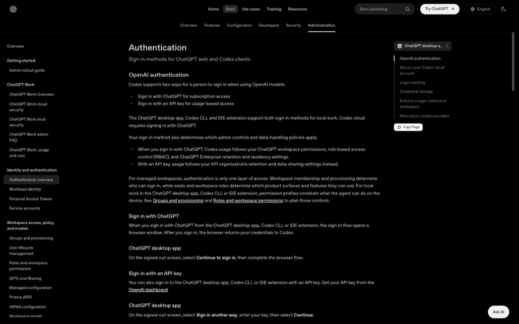 OpenAI 공식 Authentication 문서. Codex가 ChatGPT 로그인과 API 키 두 가지 로그인 방식을 지원하며 ChatGPT 데스크톱 앱·Codex CLI·IDE 확장이 모두 두 방식을 지원한다는 설명과, 오른쪽 목차에 Login caching, Credential storage 항목이 보인다