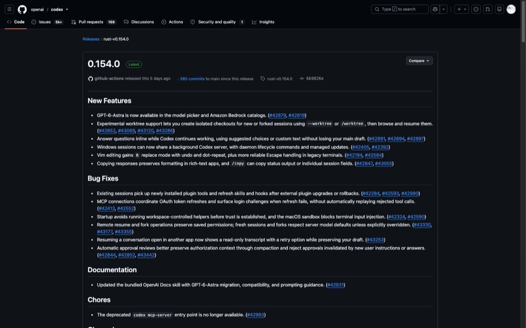 GitHub openai/codex 저장소의 릴리스 0.154.0 페이지. Latest 배지와 rust-v0.154.0 태그, New Features·Bug Fixes·Documentation·Chores 섹션이 보이고 GPT-6-Astra 모델 피커 추가, 실험적 worktree 지원 같은 변경 내역이 나열돼 있다
