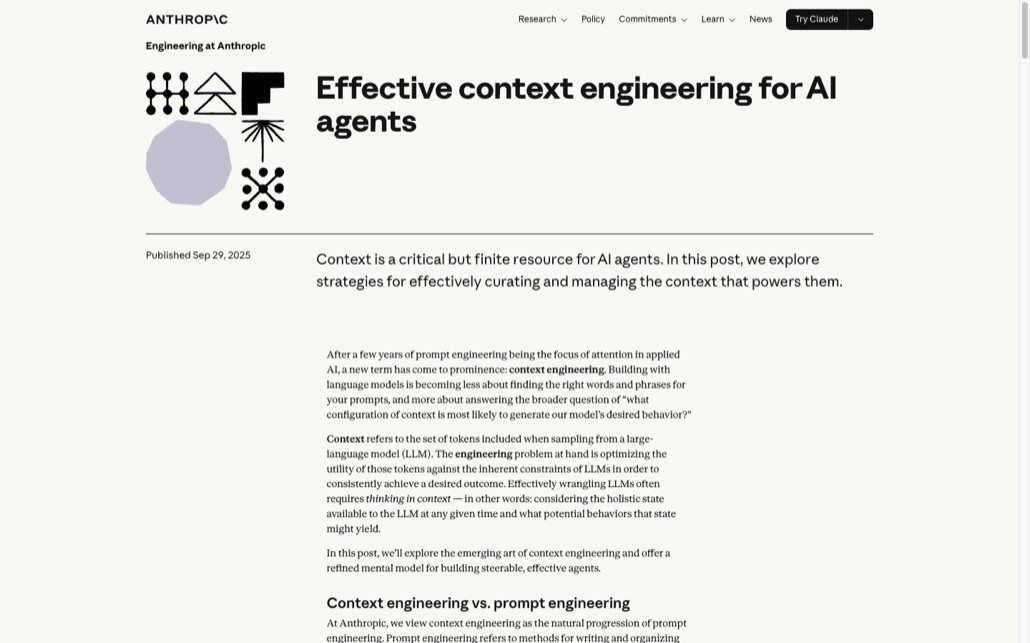 Anthropic 엔지니어링 블로그의 Effective context engineering for AI agents 글 첫 화면. Published Sep 29, 2025 표기와 컨텍스트가 중요하지만 유한한 자원이라는 요약문, 그리고 Context engineering vs. prompt engineering 소제목이 보인다