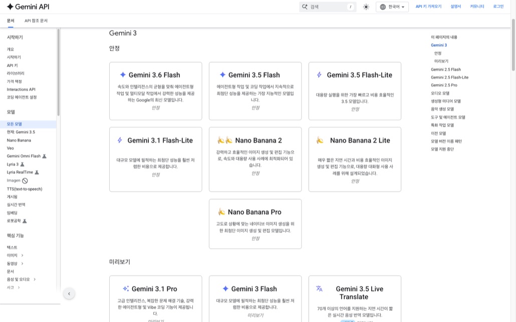Gemini API 공식 모델 페이지의 Gemini 3 섹션. 안정 그룹에 Gemini 3.6 Flash, Gemini 3.5 Flash, Gemini 3.5 Flash-Lite, Gemini 3.1 Flash-Lite, Nano Banana 2, Nano Banana 2 Lite, Nano Banana Pro 카드가 있고 그 아래 미리보기 그룹에 Gemini 3.1 Pro, Gemini 3 Flash, Gemini 3.5 Live Translate 카드가 보인다. 왼쪽 사이드바에는 현재: Gemini 3.5로 표기돼 있다