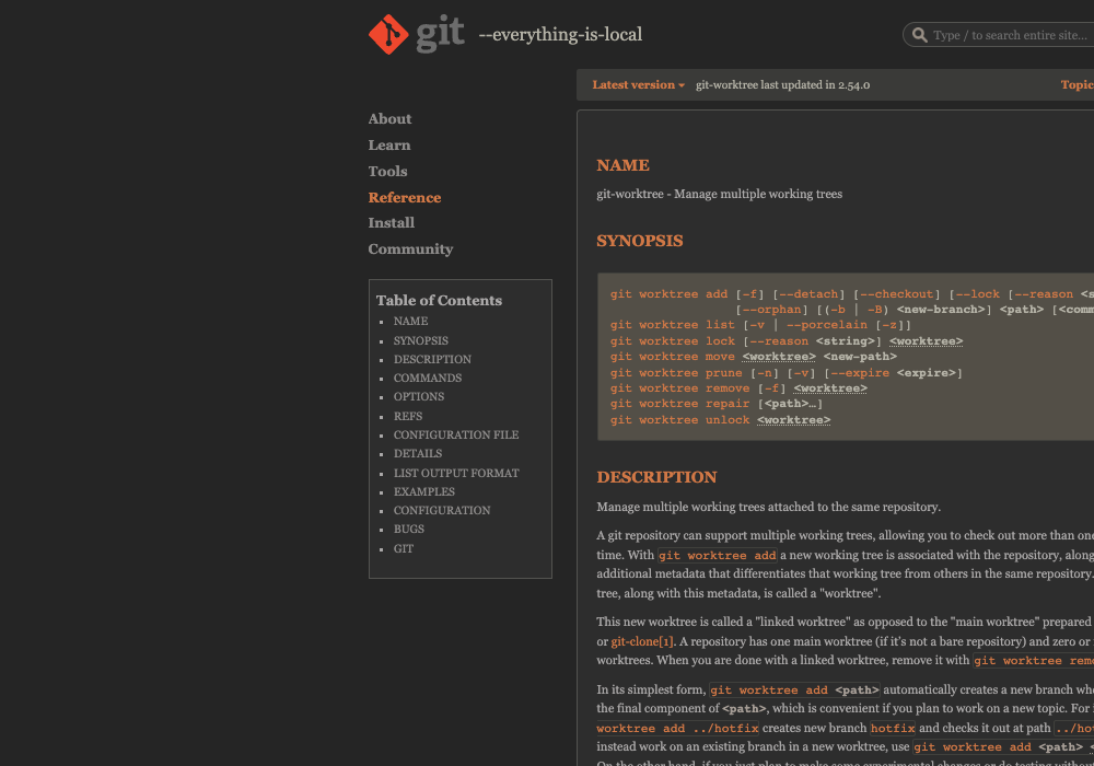git-scm.com 공식 문서의 git-worktree NAME, SYNOPSIS, DESCRIPTION 섹션, add·list·lock·move·prune·remove·repair·unlock 하위 명령 목록