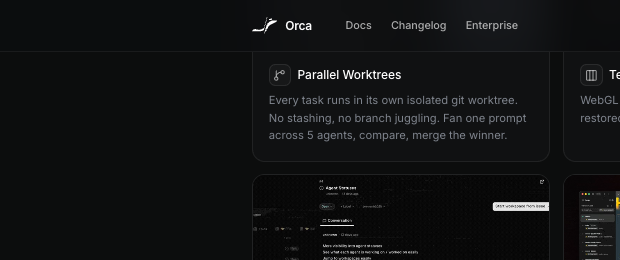onorca.dev의 Parallel Worktrees 카드, Every task runs in its own isolated git worktree 설명