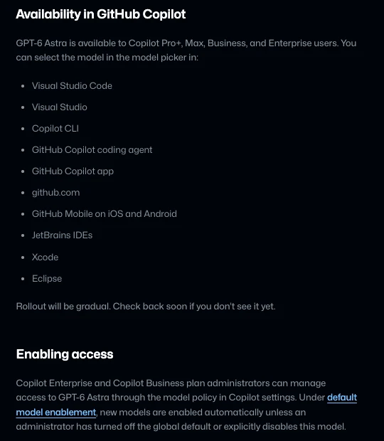 GitHub Changelog의 Availability in GitHub Copilot 절. Pro+, Max, Business, Enterprise 사용자 대상이며 VS Code, Visual Studio, Copilot CLI, JetBrains, Xcode, Eclipse 등 목록과 Rollout will be gradual 문구