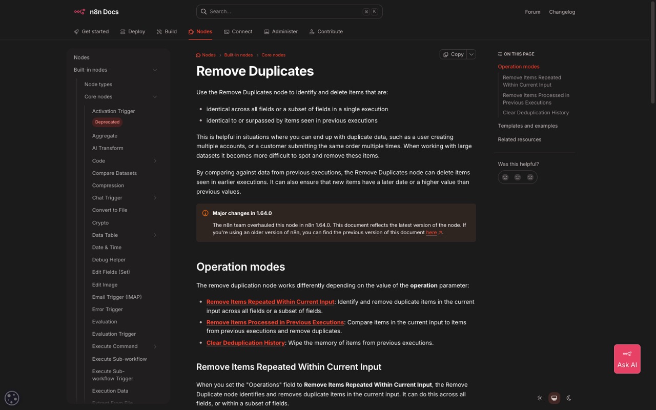 n8n 공식 문서의 Remove Duplicates 노드 페이지. Operation modes 섹션에 세 가지 동작 모드가 목록으로 나열돼 있다