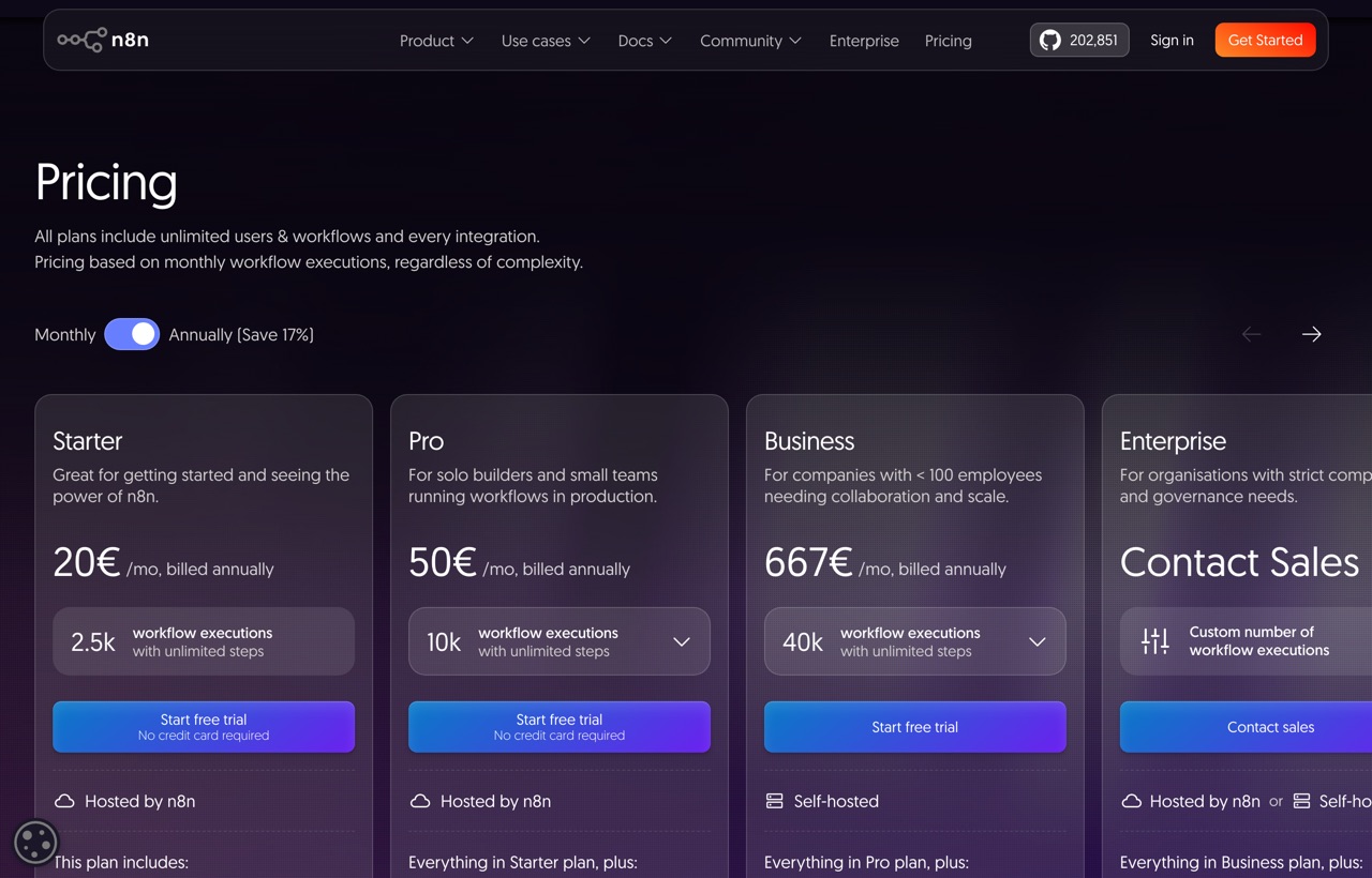 n8n 공식 가격 페이지의 Starter Pro Business Enterprise 플랜 카드와 연간 결제 토글