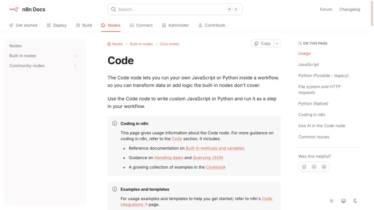 n8n 공식 문서의 Code 노드 Python 실행 방식 안내
