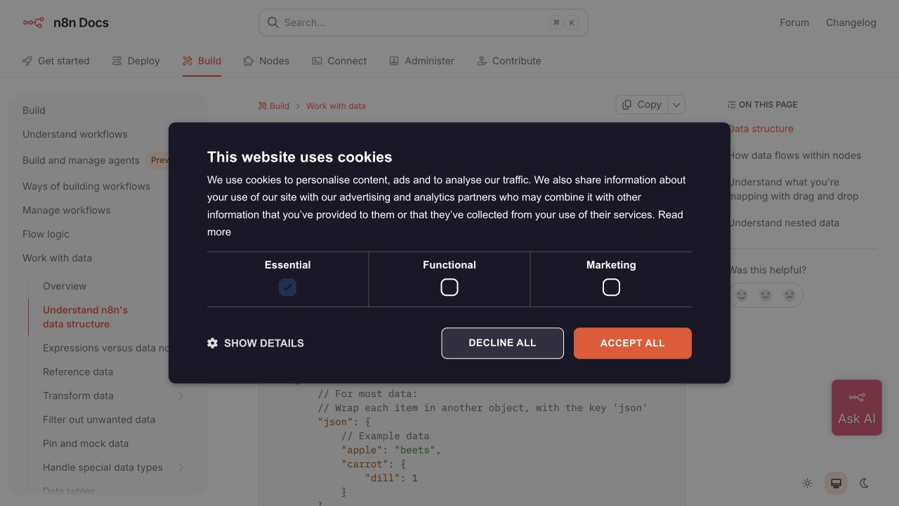 n8n 공식 문서의 아이템 배열과 json 키 데이터 구조 예시