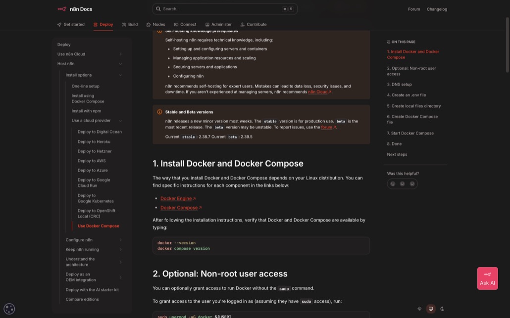 n8n 공식 Docker Compose 설치 문서 상단. Self-hosting knowledge prerequisites 박스에 서버와 컨테이너 설정, 리소스 관리와 스케일링, 서버 보안, n8n 구성이 필요하다고 적혀 있고 숙련 사용자에게만 자체 호스팅을 권장한다는 문장이 보인다. 그 아래 Stable and Beta versions 박스에는 stable 2.38.7, beta 2.39.5가 표시돼 있다