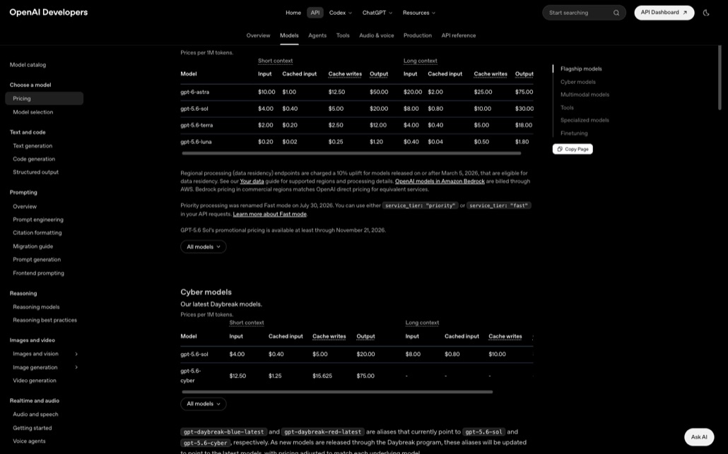 OpenAI 공식 API 가격 페이지의 Flagship models 표. Standard 탭에서 gpt-6-astra는 단문 컨텍스트 입력 $10·캐시 입력 $1·캐시 쓰기 $12.50·출력 $50, 장문 컨텍스트 입력 $20·캐시 입력 $2·캐시 쓰기 $25·출력 $75로 표시되고 gpt-5.6-sol, gpt-5.6-terra, gpt-5.6-luna가 아래에 이어진다