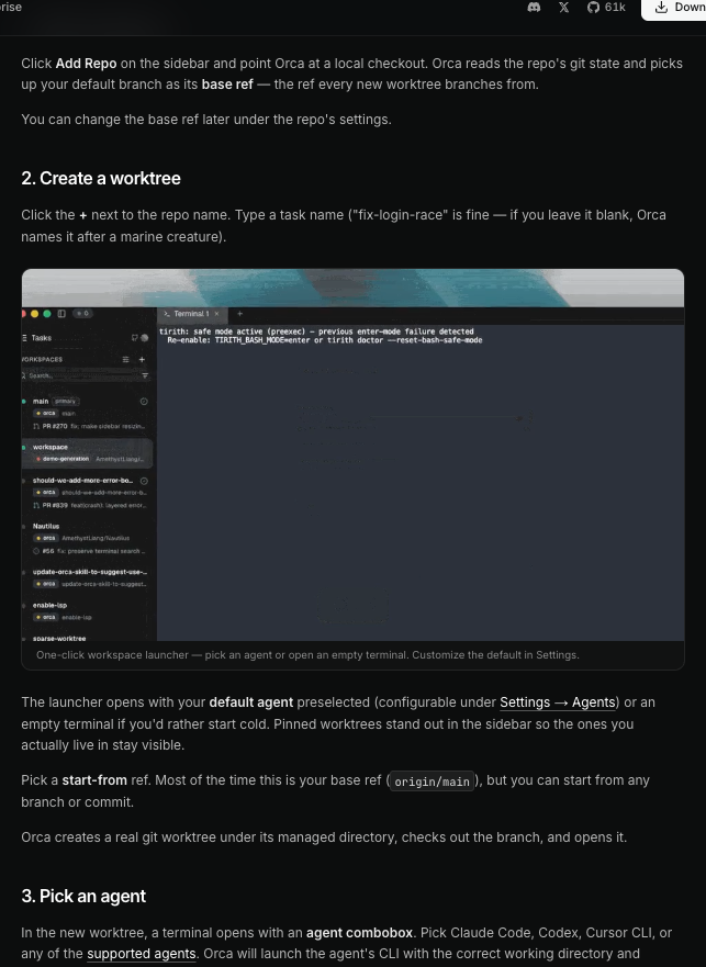 Orca 공식 문서 Your first 3-agent session의 1. Add a repository, 2. Create a worktree, 3. Pick an agent 단계