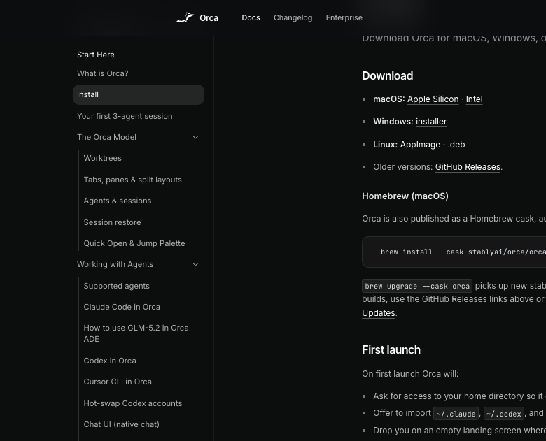 Orca 공식 문서 Install 페이지의 Download·Homebrew 설치 명령과 첫 실행 시 세 가지 안내
