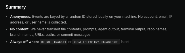 Orca 공식 문서 Privacy & Telemetry의 Summary 항목, 익명 ID·콘텐츠 미전송·DO_NOT_TRACK 환경변수 설명