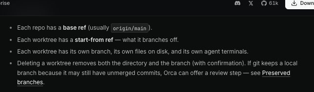 Orca 공식 문서 Worktrees 페이지의 The model 항목, base ref·start-from ref·브랜치와 파일 격리 설명