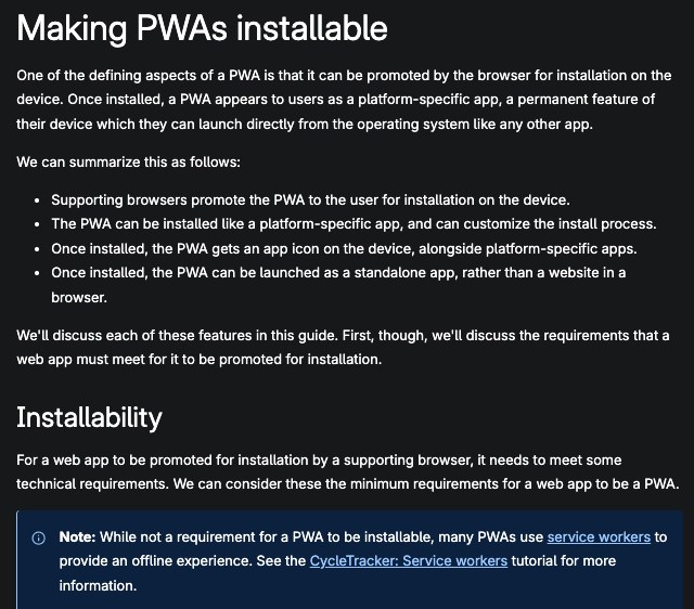 MDN Making PWAs installable 문서. 설치된 PWA가 기기에 아이콘으로 나타나고 독립 앱처럼 실행된다는 요약과 Installability 섹션, 서비스 워커는 설치 조건이 아니지만 오프라인 경험에 쓰인다는 노트, The web app manifest 섹션이 보인다