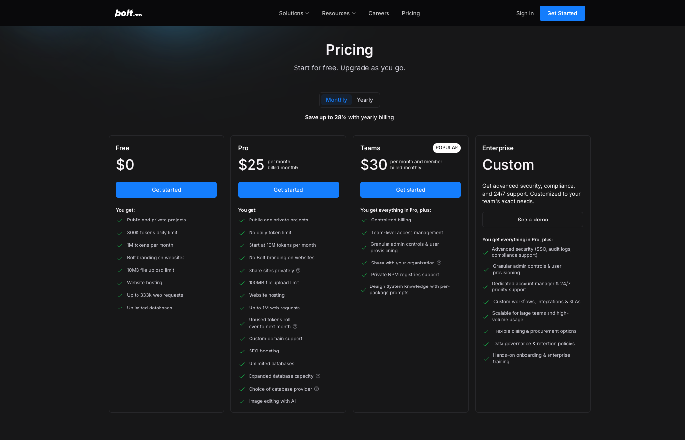 bolt.new/pricing의 Free·Pro·Teams 요금 카드