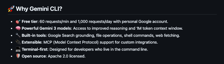 google-gemini/gemini-cli README의 Why Gemini CLI 목록, Free tier 60 requests/min·1,000 requests/day와 Apache 2.0 표시