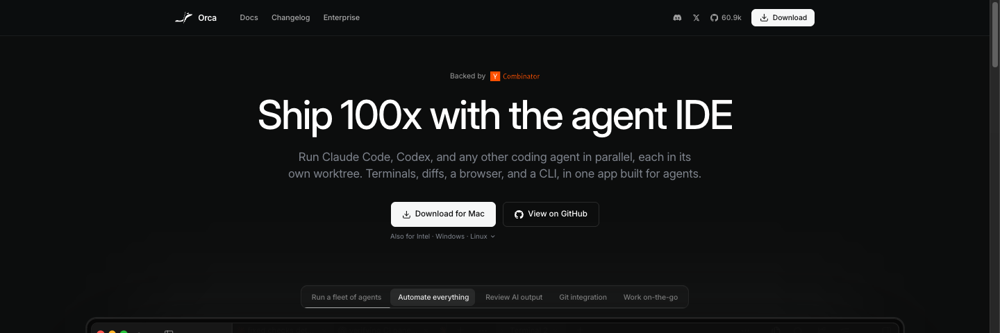 onorca.dev 첫 화면, Ship 100x with the agent IDE 문구와 Claude Code·Codex를 워크트리별로 병렬 실행한다는 설명, Download for Mac·View on GitHub 버튼