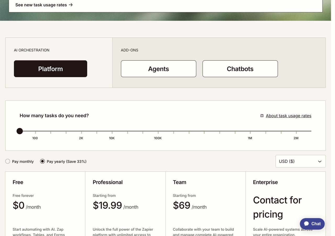 Zapier 공식 가격 페이지의 작업 수 슬라이더와 Free Professional Team Enterprise 플랜 카드
